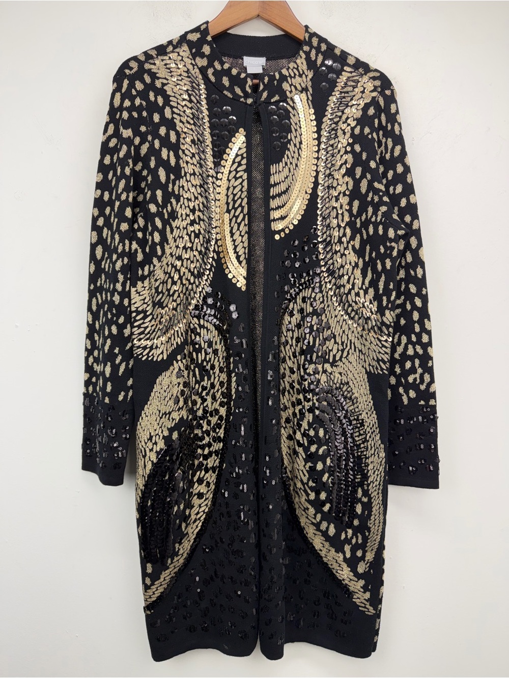 Chico’s size 2/Large Women’s Black Gold Sequin Embellished Duster Cardigan